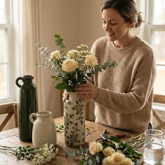 Ceramic Vase Set of 3 with Handles, Green White Neutral Rustic Modern Farmhouse Boho Decor, Versatile as Table Centerpiece or Mantel & Shelf Accent - Unique Home Gift Idea