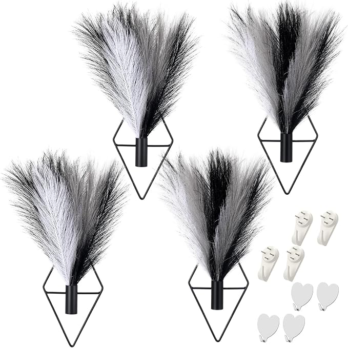 Hanaive 4 Sets Boho Wall Decor Metal Wall Art Hanging Planters with Artificial Pampas Display Modern Home Vase for Bedroom Home Office(Understated,Black，White，Light Gray)