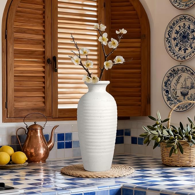 14.4" Vintage Tall Ceramic Vase, Farmhouse Modern Living Room Decor | Textured Surface Flower Vase for Home Decor,Large Ceramic vase Perfect for Living Room, Gift for Housewarming