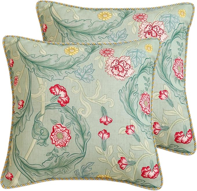 patdrea French Vintage Linen Throw Pillow Cover,18"x18",Set of 2-Cecilia B | Decorative Pillow Case with Zipper,Green Floral Pattern,Cushion Coverfor Couch Living Room Bedroom Sofa