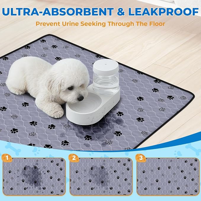 Fostanfly Washable Pee Pads for Dogs, Ultra-Absorbent, 63"x63"-2 Pack, Gray | Large Reusable Potty Training Pads, Leak-Proof, Non-Slip, Large Puppy Pads for Potty Training, Whelping, Crate and Playpen