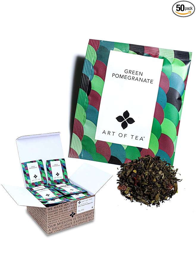 Art of Tea Organic Green Pomegranate Tea Bags, 50 Premium Pyramid Sachets, Organic Green Tea with Pomegranate & Raspberry, Fruity Antioxidant Green Tea Blend