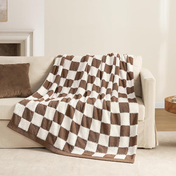 Snuggle Sac Brown Checkered Throw Blanket Faux Fur Microfiber Blankets for Couch,Cozy Soft Warm Blanket for Sofa Bedroom Living Room,Brown Checker,50x60 inches