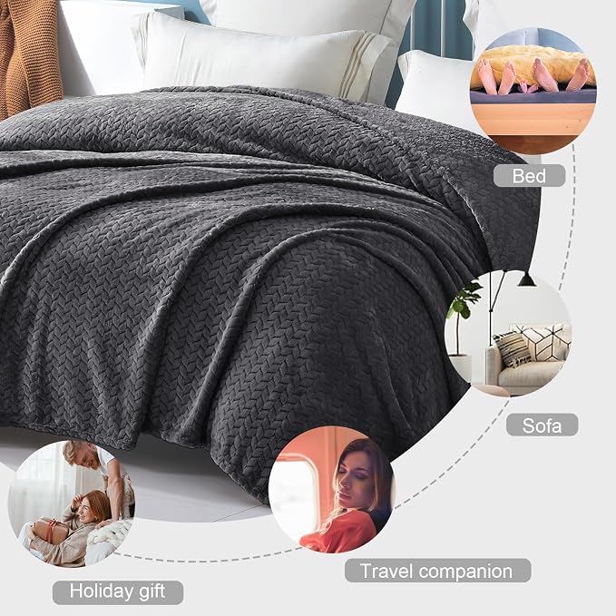 Exclusivo Mezcla Soft Fleece Bed Blanket Twin Size, 60”x80”, Dark Grey | Cozy Fluffy Lightweight Blankets for Summer, Decorative Plush Flannel Throws for Living room, Bedroom with Leaves Pattern