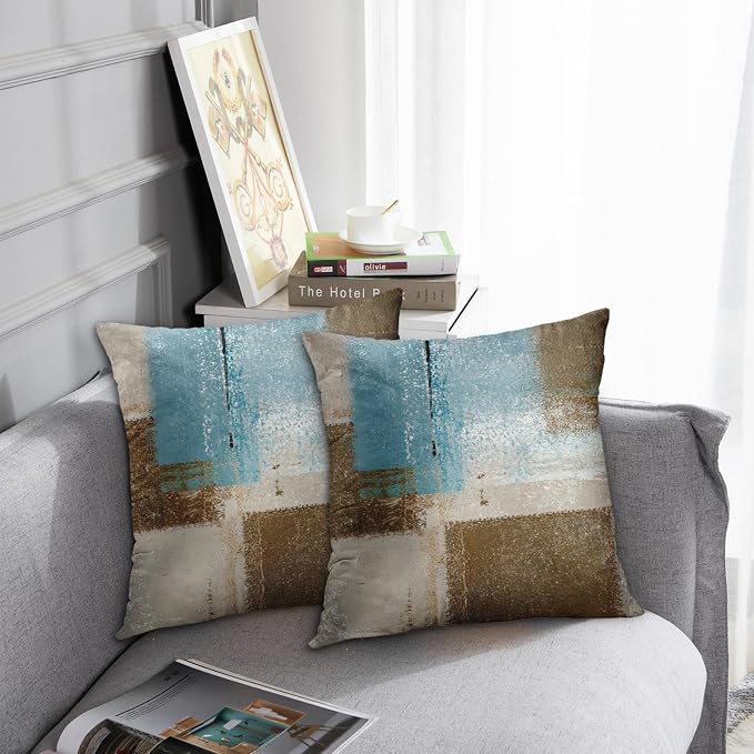 Throw Pillow Covers Set of 2, 18 x 18 Inch, Blue Beige Brown | Abstract Modern Art Outdoor Decorative Square Pillow Cases Couch Cushion Case for Couch Bed Sofa Living Room Home Decor