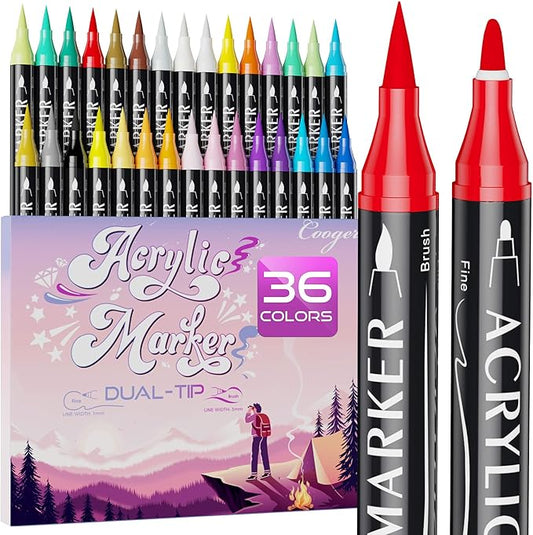 36 Colors Dual Tip Acrylic Paint Markers,Fine Tip and Brush Tip Permanent Acrylic Paint Pens For Rock Painting, Canvas, Wood, Glass, Ceramic, Fabric, Plastic, Egg, Scrapbook,Art Painting Supplies Kit