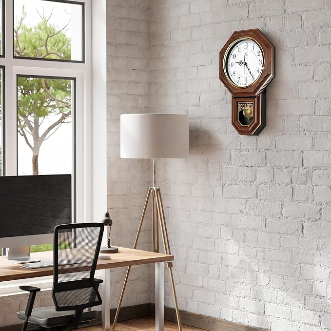 Pendulum Wall Clock,Imitation Wood Plastic Regulator Wall Clocks,Brown | Battery Operated,Non-Ticking,Retro Wall Decor Gift,Easy to Read,For Living Room,Dining Room,Schoolhouse,Farmhouse