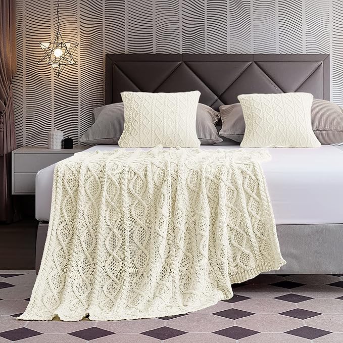 Homiest Cream White Cable Knit Throw Blanket Set of 3, with 2 Pillow Covers | Pure Acrylic, Lightweight & Breathable, All-Season Use, Machine Washable, Wrinkle & Fade Resistant, for Couch Bed And Sofa