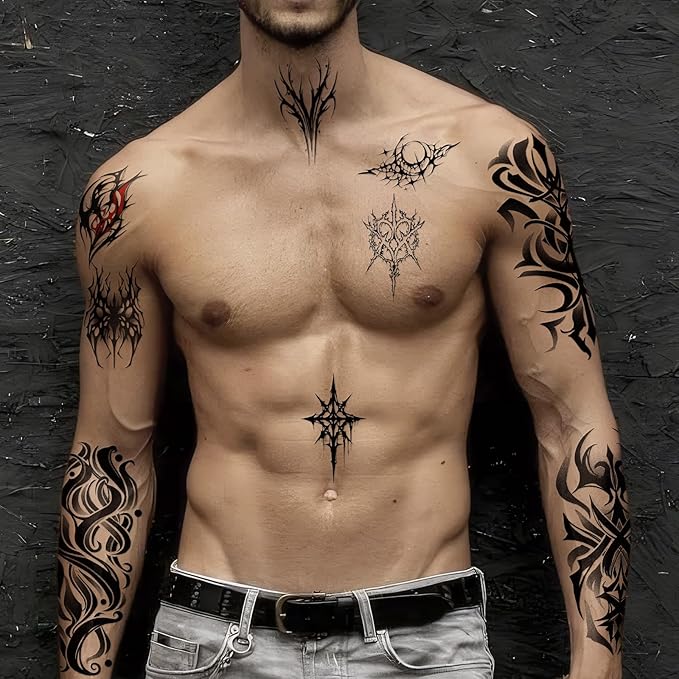 Yazhiji 77 Sheets Cyber Sigilism Temporary Tattoos Adult, 17 Sheets Cyber Seal Fake Arm Chest Shoulder Tattoo Stickers, 60 Sheets Tiny Black Tattoos for Women Men Kids