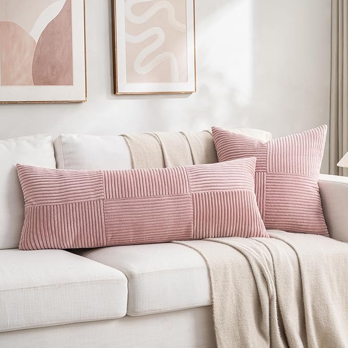 Fancy Homi Set of 1 Blush Pink Boho Long Lumbar Body Decorative Throw Pillow Cover 14x36 Inch for Bed Couch Bedroom Bench, Soft Patchwork Corduroy Textured Pillow Case, Rustic Farmhouse Room Decor