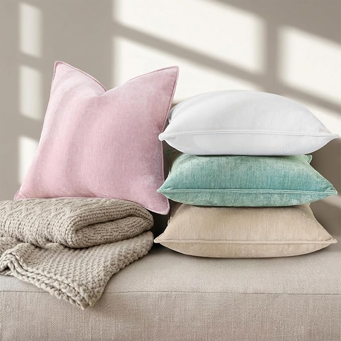 decorUhome Chenille Cream White Velvet Throw Pillow Covers 22x22 Set of 2 | Fall Soft Euro Sham Couch Decorative Modern Farmhouse Pillow Cases with Elegant Design for Sofa Bed Living Room Home Decor