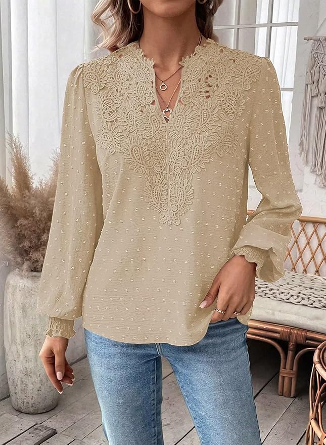 Womens Tops Swiss Dot Boho Long Sleeve Shirts V Neck Casual Chiffon Blouses Flowy Lace Hem Cute Clothing Trendy 2026