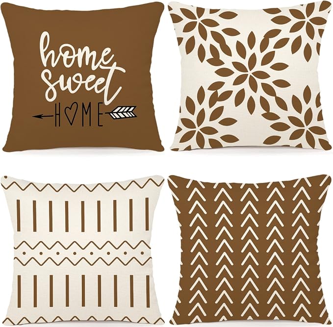 YCOLL Pillow Covers 16x16 Set of 4, Modern Sofa Throw Pillow Cover, Decorative Outdoor Linen Fabric Pillow Case for Couch Bed Car， Light Brown