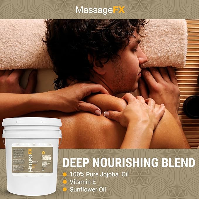 Massage Gel by Massage FX - 100% Pure Jojoba & Sunflower Seed Oil - Herbal Extracts Ivy, Arnica & Aloe - Unscented - Max Workability & Glide - Perfect for Full Body Massages - Paraben Free - 5 Gallons