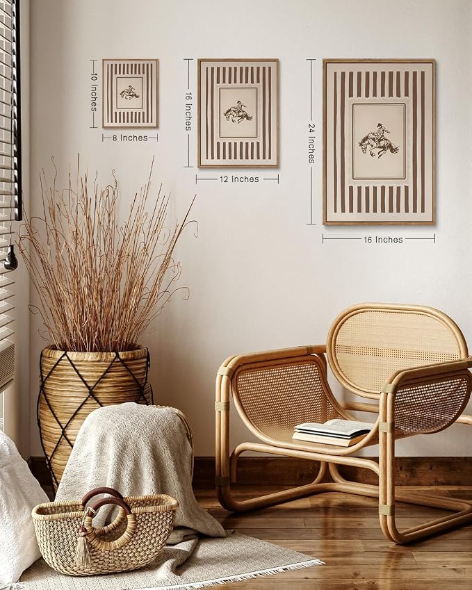 ZZLWBKGL Western Wall Decor Cowboy Canvas Art Vintage Framed Wall Art | Farmhouse Striped Painting Retro Nursery Artwork Mid Century Aesthetic for Living Room Bedroom 16x24in