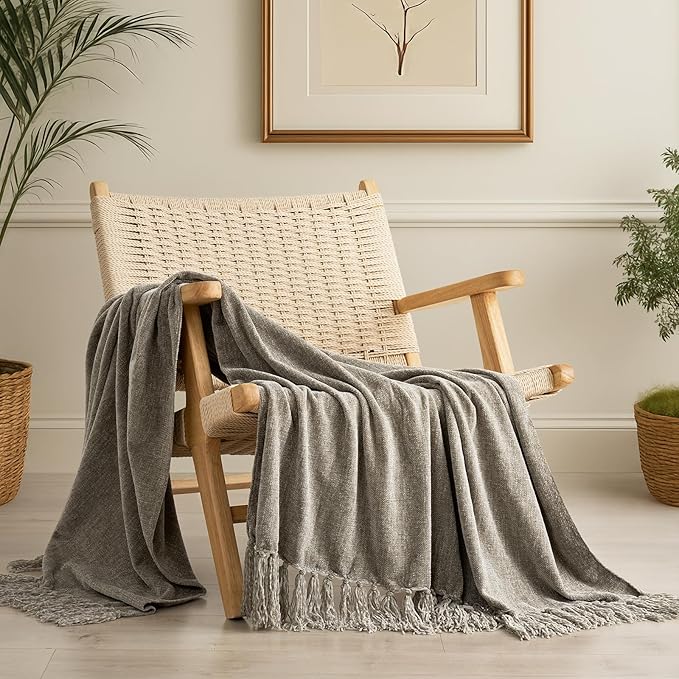 Chenille Knit Throw Blanket for Couch, 50"x60", Taupe | Cozy Plush Fuzzy Knittd Throw with Tassels, Lightweight, Decorative, Farmhouse Decor, Ideal for Bed Sofa Gift, All Seasons