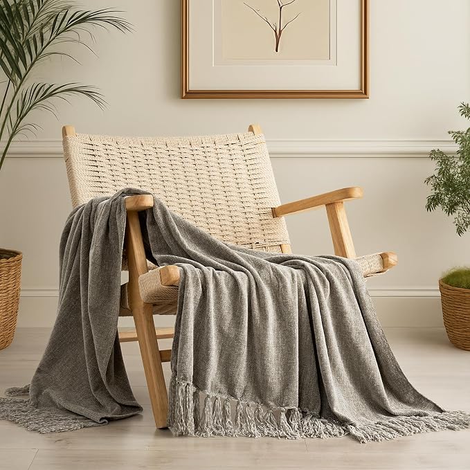 Chenille Knit Throw Blanket for Couch, 60"x80", Taupe | Cozy Plush Fuzzy Knittd Throw with Tassels, Lightweight, Decorative, Farmhouse Decor, Ideal for Bed Sofa Gift, All Seasons