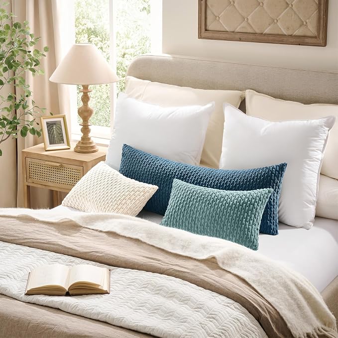 Kevin Textile Soft Corduroy 14"x36" Lumbar Pillow Cover 1 Pack, Cream White | Boho Stripe Plush Corduroy Decorative Oblong Cushion Cover Modern Farmhouse Home Decor for Sofa Couch Bed Chair