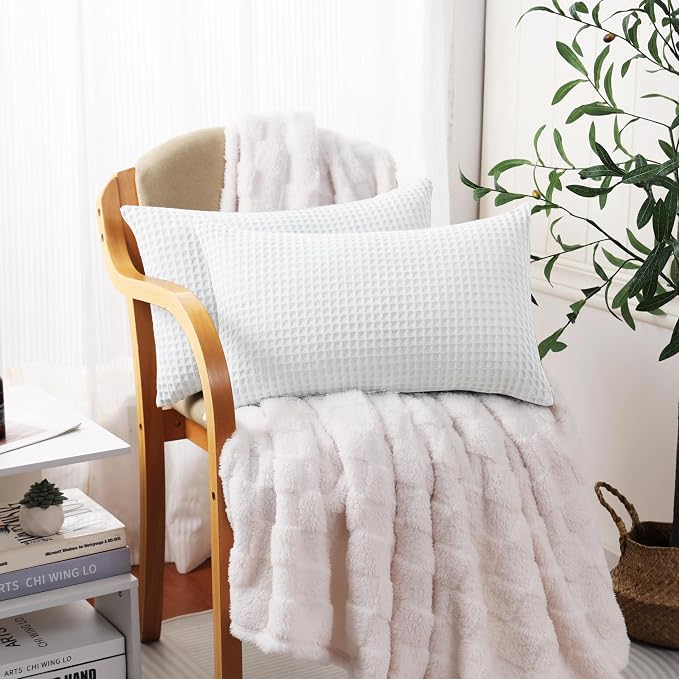 100% Egyptian Cotton 600 TC Waffle Weave Lumbar Pillow Covers 2 Pack | Ultra Soft Breathable Rectangle Throw Pillow Covers, Decorative Cushion Covers for Bed Couch Sofa Car, White, 12" x 20"