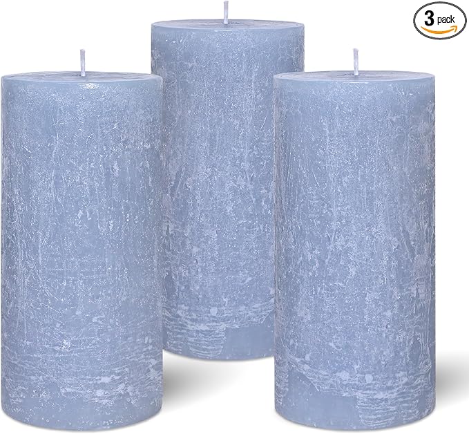 Ocean Scented Candles, Gray Blue Pillar Candles Set of 3 Tall in 3X6 Inch, Long Clean Burning Smokeless & Dripless Aromatherapy Candles for Home Decor