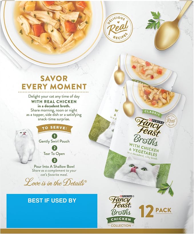 Purina Fancy Feast Chicken Broth Complement Lickable Grain Free Wet Cat Food Variety Pack - (Pack of 12) 1.4 oz. Pouches