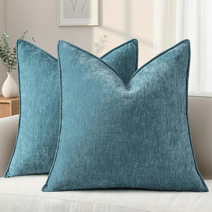 decorUhome Chenille Teal Velvet Throw Pillow Covers 18x18 Set of 2 | Fall Soft Couch Decorative Modern Farmhouse Pillow Cases with Elegant Design for Sofa Bed Living Room Home Decor