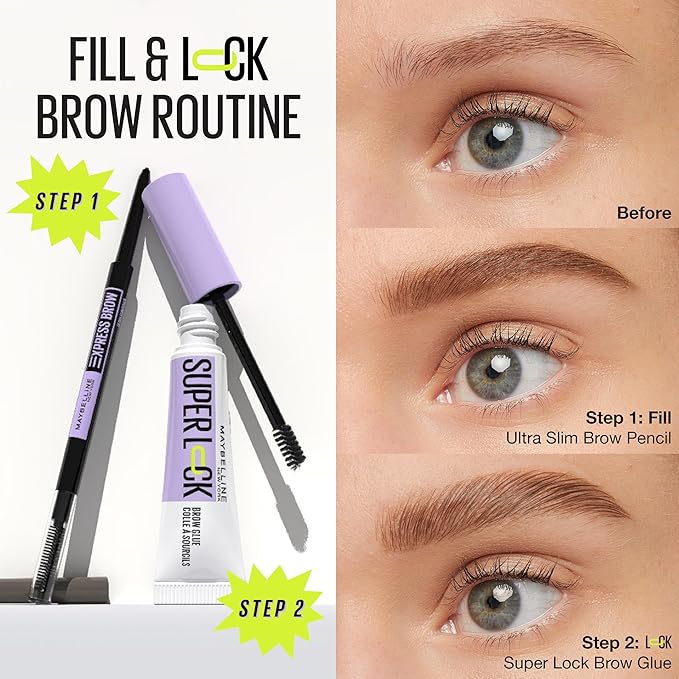 Maybelline Super Lock Brow Glue Eyebrow Gel, Lightweight and Waterproof Tinted Brow Gel For Up To 24HR Hold, Black, 1 Count
