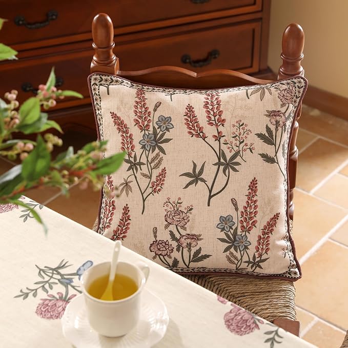 Designer Linen Throw Pillow Cover,Set of 2,18"x18"-Helena A | Vintage Elegant French Square Pillow Cover,Concealed Zipper Design,Floral Pattern,Sofas,Bedroom,Living Room,Lounge Chairs