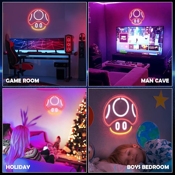 Kavaas Gaming Neon Sign, Mushroom Neon Sign for Game Room Decor, Man Cave, Kids Room - Gaming Mushroom Wall Decor - Gamer Gifts for Boys, Kids (Red)