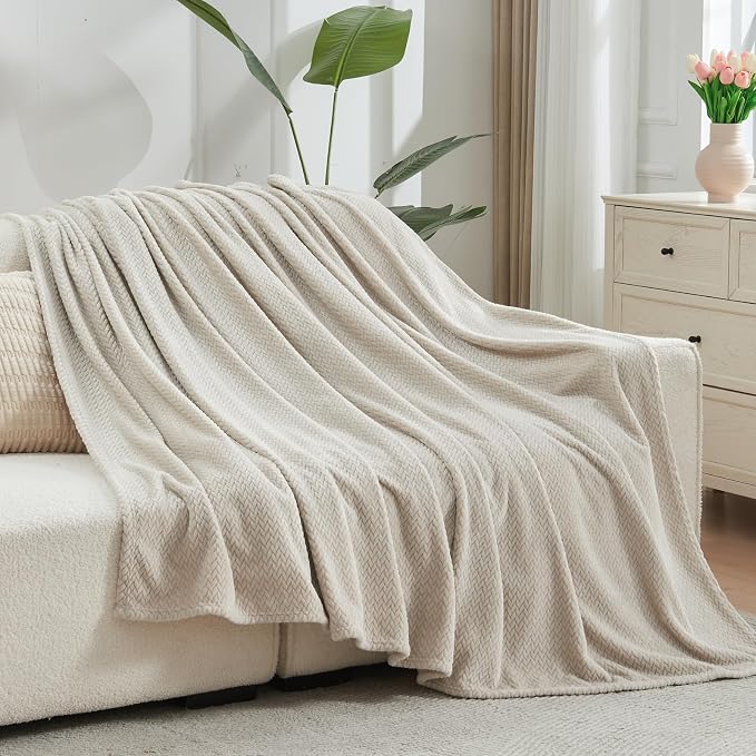 NEWCOSPLAY Fleece Leaves Pattern Queen Blanket, Linen, 90"x90" | Super Soft Throw Blanket, Lightweight Cozy Bed Sofa Blanket, Premium Silky Flannel Fleece, Travel Blanket for All Season Use