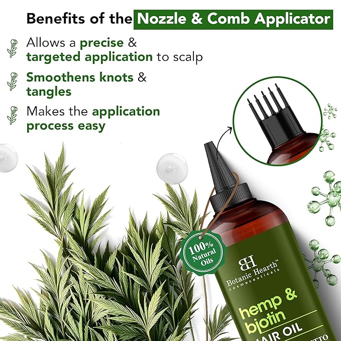 Botanic Hearth Hair Oil for Hair Growth & Hair Treatment Oils | Strengthening Dry, Frizzy, Damaged Hair & Scalp Treatment | Hemp & Biotin Hair Oil – 6.7 Fl Oz