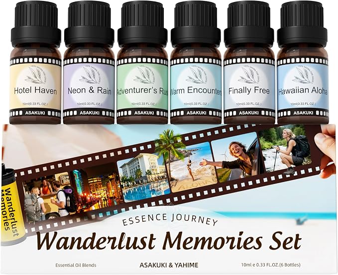 ASAKUKI Essential Oils for Diffusers for Home, Luxury Home Scents, 6 * 10ml | Travel-Inspired Luxury scent, for Diffusers & Waterless Diffusers, Gift-Ready Home fragrance Set, Bedroom and living room use