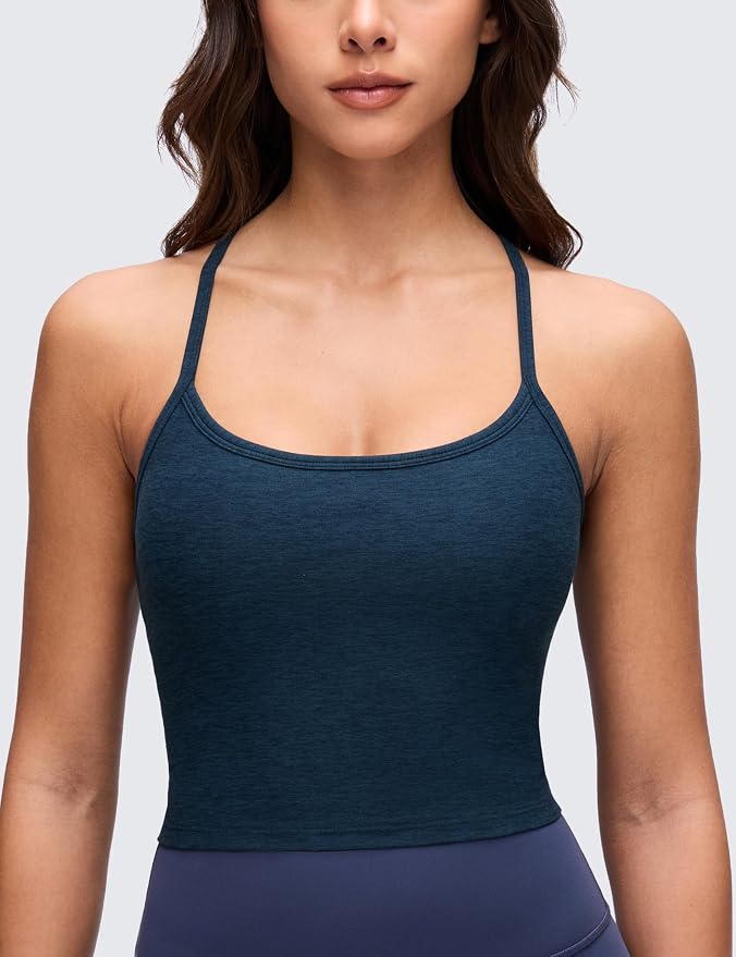 CRZ YOGA Cut-Out Y Back Crop Tank Tops for Women - Scoop Neck Spaghetti Strap Racerback Yoga Longline Sports Bra Non Padded
