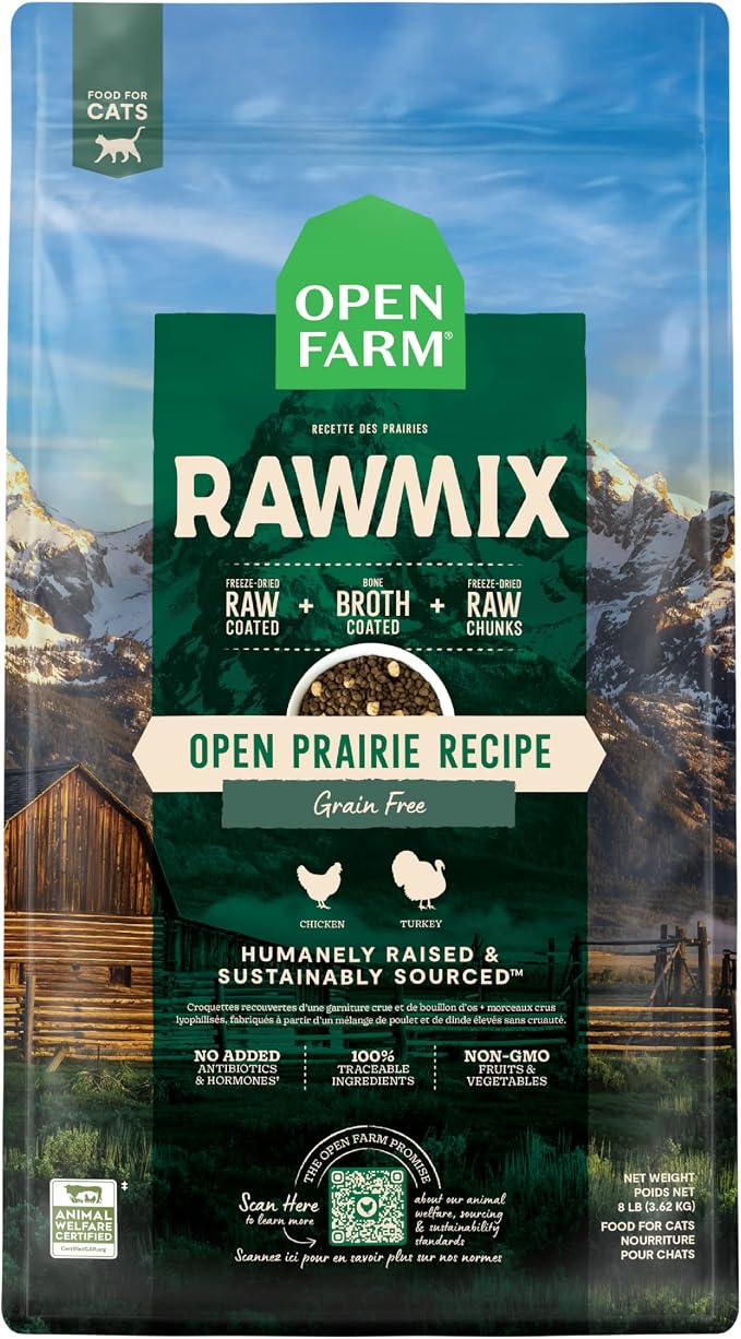 Open Farm RawMix Dry Cat Food, Open Prairie Grain Free Kibble, 8lb Bag | Humanely-Raised Chicken and Turkey, Freeze Dried Raw Chunks, 100% Traceable Ingredients, Non-GMO Fruits & Veggies.