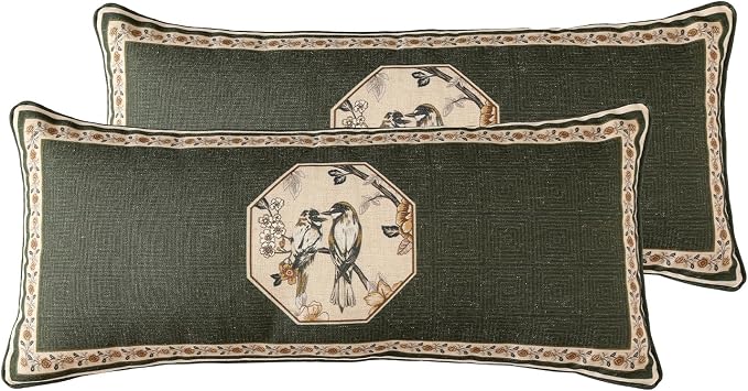 Vintage Linen Rectangle Throw Pillow Cover,Set of 2,28"x12"-Murad E | Designer French Green Pillow Cover,Concealed Zipper Design,Floral and Bird Pattern,Sofa,Bedroom,Living Room,Lounge Chairs