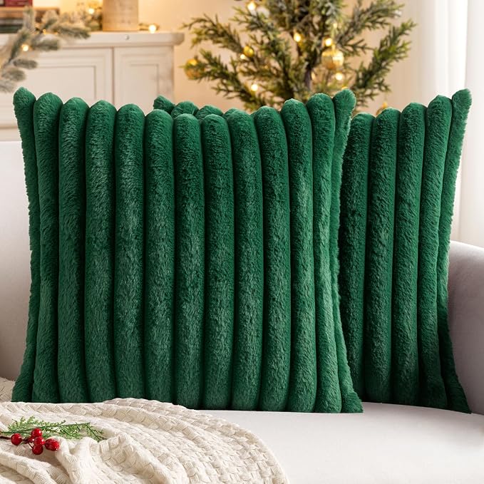 MIULEE Faux Fur Decorative Throw Pillow Covers 18x18 Set of 2 Dark Green | Modern Soft Plush Couch Pillows, Cozy Fluffy Cushion Covers for Sofa Bed Living Room Home Decor