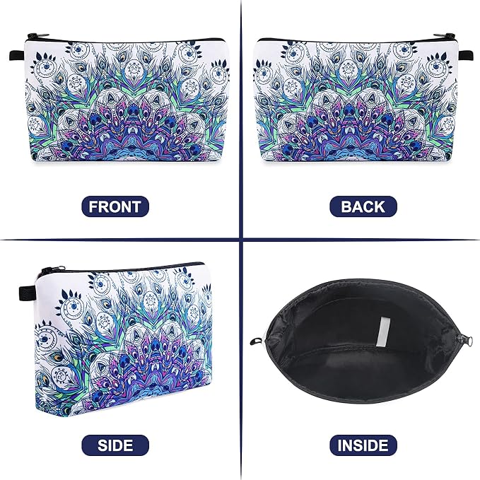 MAGEFY Makeup Bag, 2 Styles Travel Cosmetic Bag for Women Cosmetic pouch Elegant Blue Patterns Zipper Pouch Waterproof Makeup Pouch Cute (2 Packs, Peacock feather + Mandala pattern 0179)