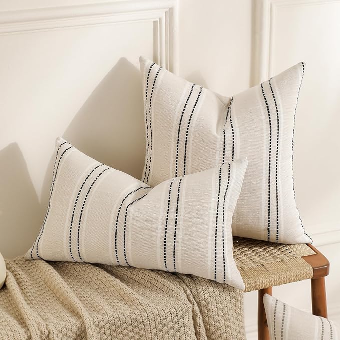 Hckot Throw Pillow Covers 22x22 Set of 2 Striped Pillow Covers Textured Linen Decorative Pillows Square Cushion Covers for Sofa Couch Bed Living Room Farmhouse Decor, Black