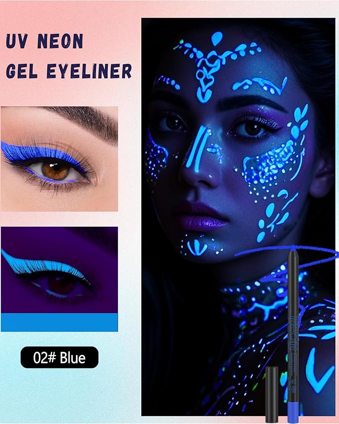 UV Neon Colored Gel Eyeliner Pencil, Matte Rainbow Colorful Eyeliner Pencils Glow in the Dark Makeup, Waterproof Long Lasting Gel Eye Liner Pen with Sharpener for Halloween Face Body Painting-B02 Blue