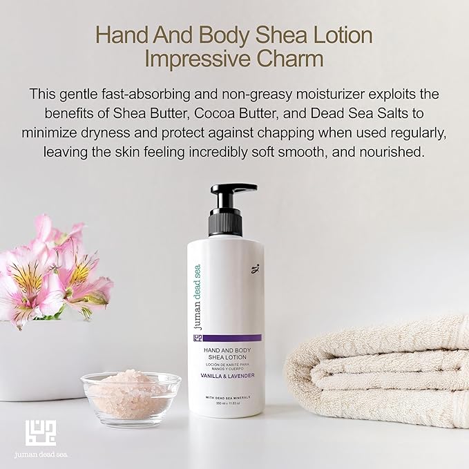 JUMAN Dead Sea Minerals Vanilla & Lavender Body Butter Lotion | Infused with & Vitamin E | Fast Absorbing Lavender Lotion | Vegan Moisturizer for All Skin Types | SLS & Paraben Free | 11.8 OZ