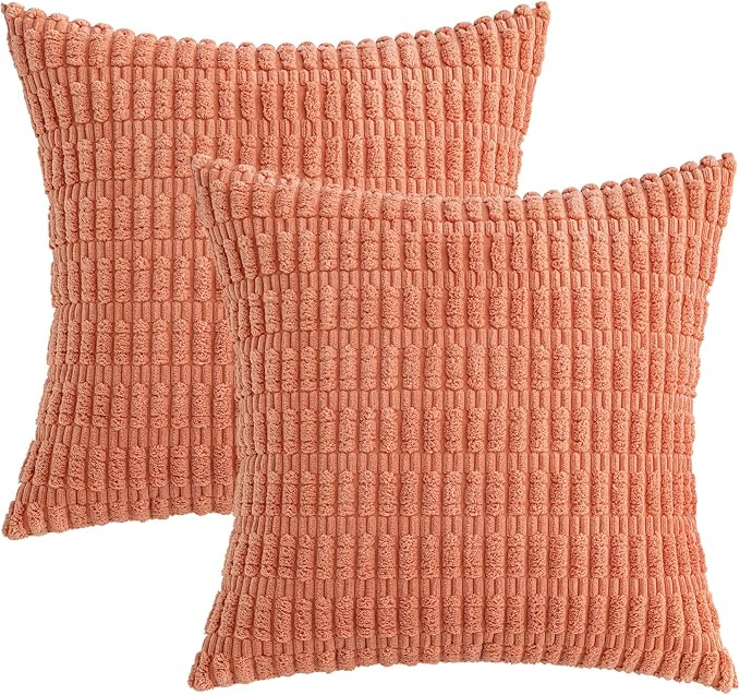 MIULEE Corduroy Decorative Throw Pillow Covers 20x20 Coral Pack of 2 | Soft Boho Striped Pillow Covers Modern Farmhouse Home Decor For Sofa Living Room Couch Bed