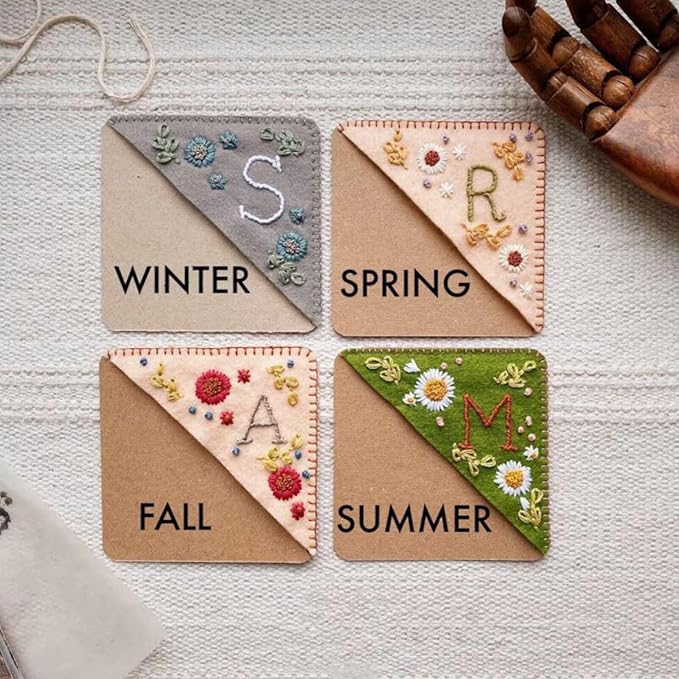 MOTEERLLU Personalized Hand Embroidered Corner Bookmark,Felt Triangle Page Stitched Handmade Bookmark,Unique Cute Flower Letter Embroidery Bookmarks Accessories for Book Lovers(Winter-k)