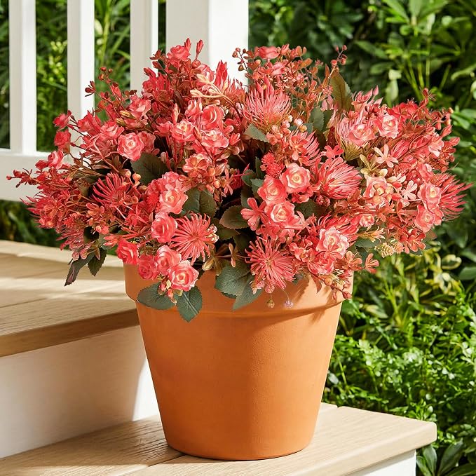 RM ROOMERS Artificial Flowers Plants for Outdoors, Fake Flowers Red Rose | Pink Chrysanthemum UV Resistant Faux Flower for Garden Porch Windowbox Front Door Yard, No Fade Home Vase Decor (4 Bundles)