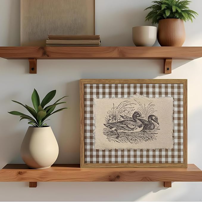 Vintage Duck Framed Wall Art – Retro Farmhouse Brown Gingham Duck Poster, Rustic Cottagecore Decor Canvas Print, Vintage Wall Decor for Living Room Bedroom Office Nursery 8x10 inch