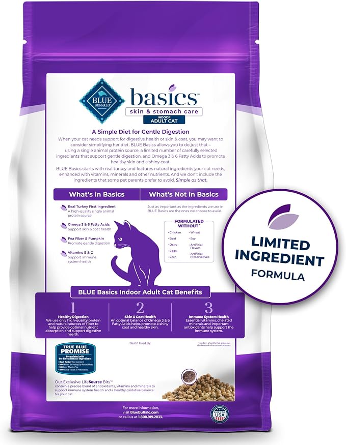Blue Buffalo Basics Turkey Grain-Free Dry Cat Food, 11 lb | Skin & Stomach Care, Real Turkey #1 Ingredient, Limited Ingredient Diet, Antioxidant-Rich LifeSource Bits, Skin & Coat Health