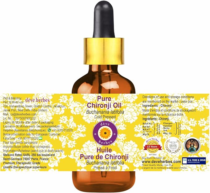 Deve Herbes Pure Chironji Oil (Buchanania latifolia) with Glass Dropper Cold Pressed 5ml (0.16 oz)