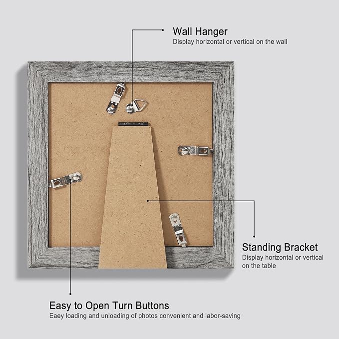Hongkee 6x6 Picture Frame Set of 4, Made of Glass and Grey Wooden Frame - Display Picture 4x4 with Mat or 6 x 6 Without Mat, 6x6 Photo for Wall or Tabletop