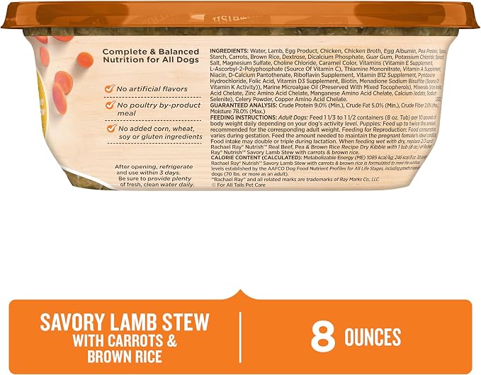 Nutrish Savory Lamb Stew Wet Dog Food, 8 oz. Tub (Pack of 8) (Rachael Ray) | Made with Carrots & Brown Rice, No Artificial Flavors, No Added Corn, Wheat or Soy Ingredients & No Poultry By-Product Meal