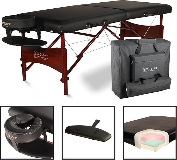 Master Massage Newport Portable Massage Table Package with Denser 2.5" Cushion, Walnut Stained Hardwood, Steel Support Cables, Pillows & Accessories, Black, 30"