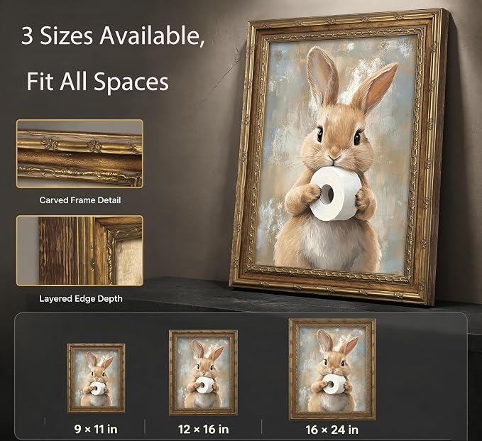 Vintage Gold Framed Bunny Easter Bathroom Wall Art Funny Rabbit and Toilet Paper Painting Canvas Prints Country Animal Picture Wall Decor Rustic Farmhouse Poster Artwork for Restroom Toilet Washroom